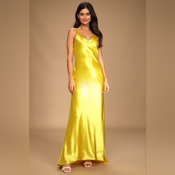 Lulus Perfectly Classy Yellow Satin Strappy Maxi Dress Wedding Party Formal - Picture 3 of 9